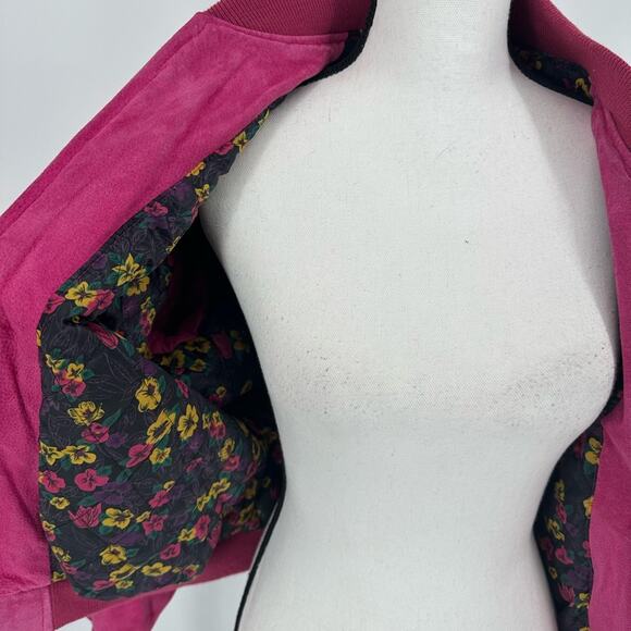 Vintage Mixed Blues Leather Bomber Jacket Barbie Pink Floral Lining Retro Small - Picture 10 of 14
